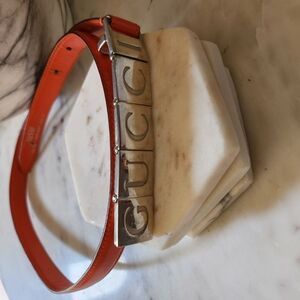 Authentic Gucci Orange Leather Belt with Silver Buckle